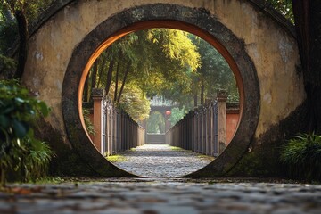 Round gate leading to a series of similar gates in a serene outdoor environment