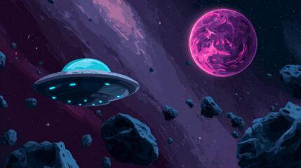 Space game ui level map with planet vector galaxy background. Alien ufo for 2d arcade mobile videogame flying near asteroid in cosmos for high score. Childish adventure app route landscape design