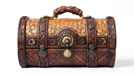 A beautifully crafted treasure chest featuring detailed woodwork and a secure lock adorns a minimalist backdrop.