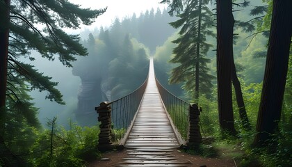 Obraz premium A weathered wooden bridge crossing a babbling brook in a green forest. The hiking path continues on the other side disappearing into tall trees and sunlight