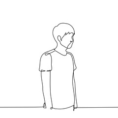 man in a t-shirt stands half portrait, three quarters angle - one line art vector. concept of young man standing
