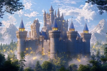 Castle with brightly shining walls stands cheerfully against a backdrop of majestic mountains and clear blue skies