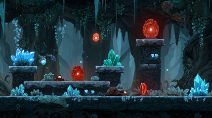 Naklejka premium Game platform cartoon underground cave, fantasy world landscape. 2d ui design for pc or mobile. Dark tunnel with stalactites, jumping arcade elements, crystal assets, bonus items and nature locations