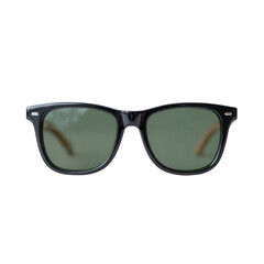 Fototapeta premium Stylish black sunglasses with green lenses on a white isolated background, perfect for fashion and accessory promotions.