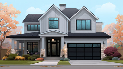 Fototapeta premium Front villa exterior. Modern suburban mansion cartoon. Roof, garage, door and window in residential family cottage isolated vector. Mortgage apartment in american neighborhood scene illustration