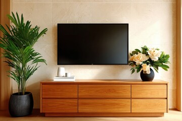 Modern living room with a wall-mounted TV, wooden console, potted plant, and decorative flowers on a light background.