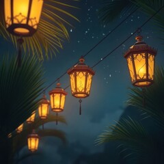 Luminous lanterns hang at night, lit by warm glow.  Palm trees surround