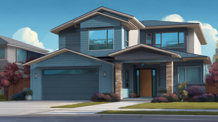 Front villa exterior. Modern suburban mansion cartoon. Roof, garage, door and window in residential family cottage isolated vector. Mortgage apartment in american neighborhood scene illustration