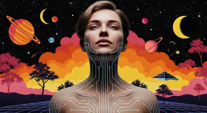 An enigmatic portrait with abstract circuit tattoos and a dreamy space filled with bold-colored planets, rendered in pop art and dadaist fusion