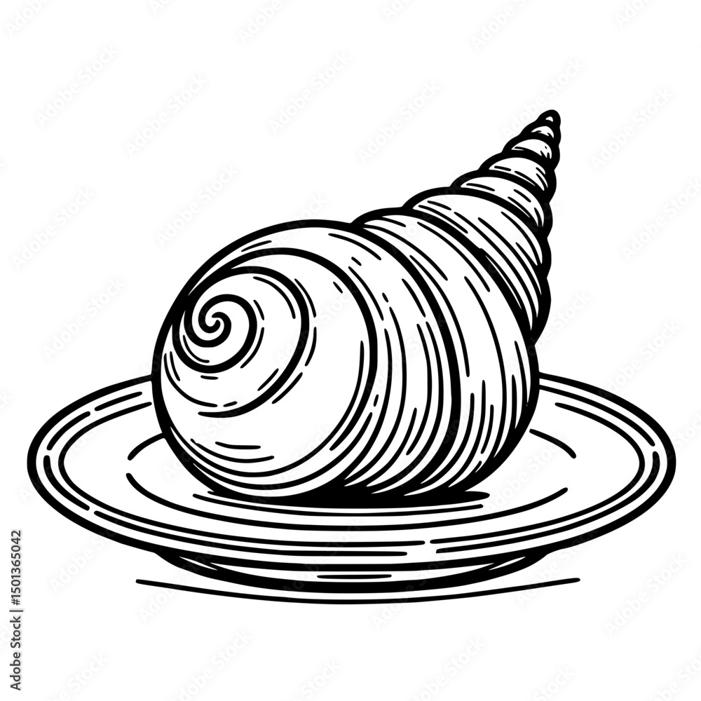 Poster shell on a plate in single line outline vector style