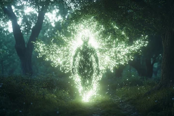 Guardian spirit shaped like a glowing tree illuminates a mystical forest at dusk