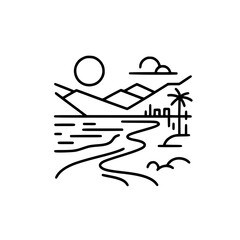 Minimalistic beach landscape with mountains and palm trees in outline vector  