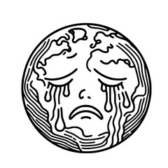 Sad Earth illustration with tears depicting environmental concerns , single line outline vector   