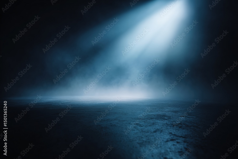 Aufkleber a dramatic empty stage illuminated by blue spotlights, with mist and a textured floor creating a mys