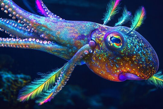 Giant squid displaying vibrant fluorescent feathers on its tentacles in a deep ocean habitat