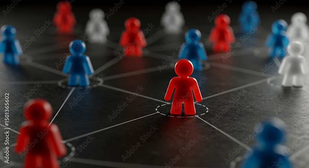 Aufkleber network of colorful figures connected symbolizing teamwork and social connection on dark background