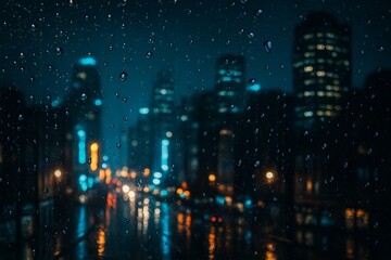 Fototapeta premium Rain droplets on a window with a blurry night cityscape in the background, creating a moody and cinematic urban atmosphere.