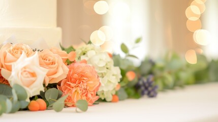 Elegant Peach and White Wedding Floral Arrangement.  Beautiful centerpiece with roses, hydrangeas, and eucalyptus.