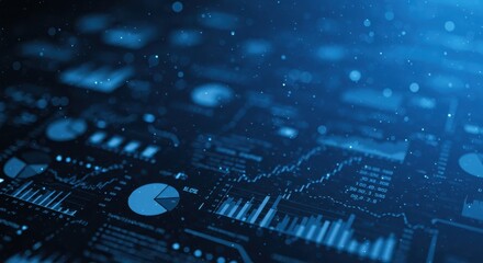 Abstract blue data visualization with charts, graphs and digital elements