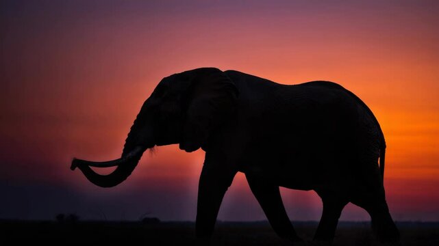 Silhouette of elephant with beautiful sunset background