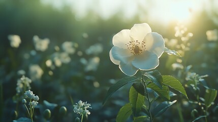 A single white flower blooms in a sunlit field, surrounded by greenery and soft morning light.