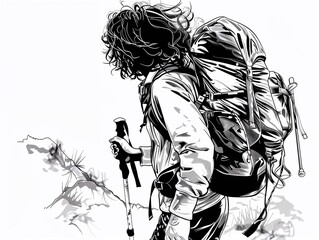 Young hiker trekking with backpack and trekking pole in mountainous terrain  