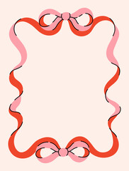 Coquette frame of cute pink ribbon and charming bows. Flat design trendy border template. Holiday decor with bowknots. Vintage background for greeting cards, invitations