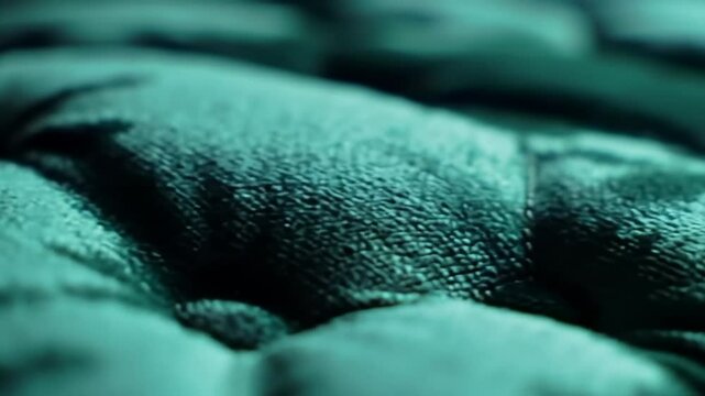 Closeup of tufted green fabric with textured surface details  