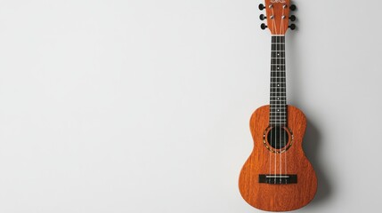 A wooden ukulele rests against a light wall, showcasing its elegant design and craftsmanship for music enthusiasts.