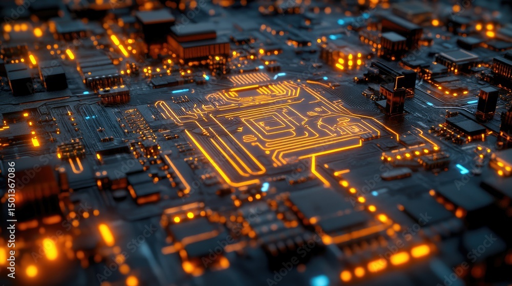 Poster d futuristic rendering of an ai processor chip, glowing digital circuits projected as a hologram, cy
