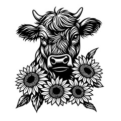 Cow and Sunflowers