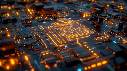 D futuristic rendering of an AI processor chip, glowing digital circuits projected as a hologram, cyber-tech evolution concept