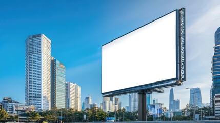 D visualization of an empty street billboard in Bangkok's city center, large advertising space for marketing mockups, surrounding modern architecture