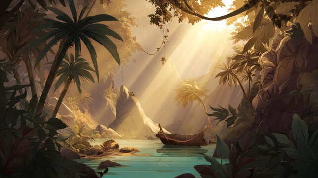 Tropical forest panorama, parallax background. Cartoon vector illustration of summer landscape with sun beams penetrating thick jungle wood with green palm trees, lianas, stones, wooden boat on river