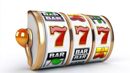 Slot machine spinning with lucky 7s, isolated on white background, for use in casino-related material or gaming design