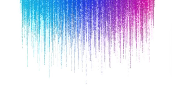 Colorful digital rain with binary code effect on white background