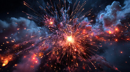 Fototapeta premium Colorful fireworks with sparkling bursts on dark sky. Festive pyrotechnic effects with brilliant light trails and glowing particles. Celebration background frame with exploding firecrackers.
