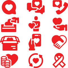 Icon set of charity donation support helping volunteer generosity welfare empathy fundraising. Flat icons vector illustrations