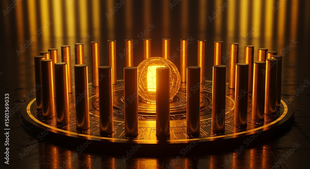 Poster futuristic golden structure with glowing sphere surrounded by cylindrical columns rendered in 3d