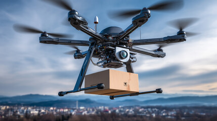 Drone carrying parcel box in sky. Vector realistic illustration of smart quadcopter delivering cardboard package, unmanned aerial vehicle with camera flying in clouds, modern logistic technology