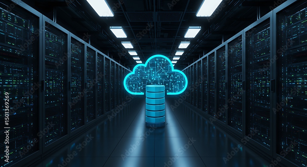 Poster futuristic data center cloud storage illustration representing data backup and technological connect