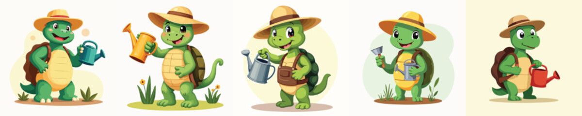 Cute Turtle Gardener Mascot – Cartoon Flat Animal Character with Watering Can and Hat