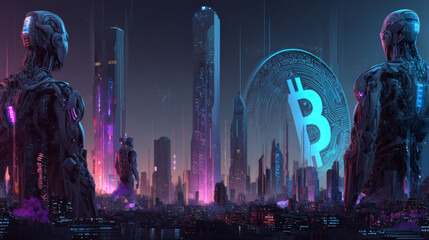 Blockchain technology isometric landing page. Huge bitcoin, human brain and neon glowing skyscraper buildings in smart city with robots. Cryptocurrency business mining solutions, 3d vector web banner