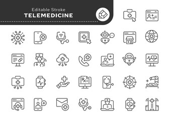 Telemedicine line icon set. Online medicine, virtual consultation and diagnostics, online doctor appointment, medical application, remote healthcare.Outline icon in linear style.Vector collection.