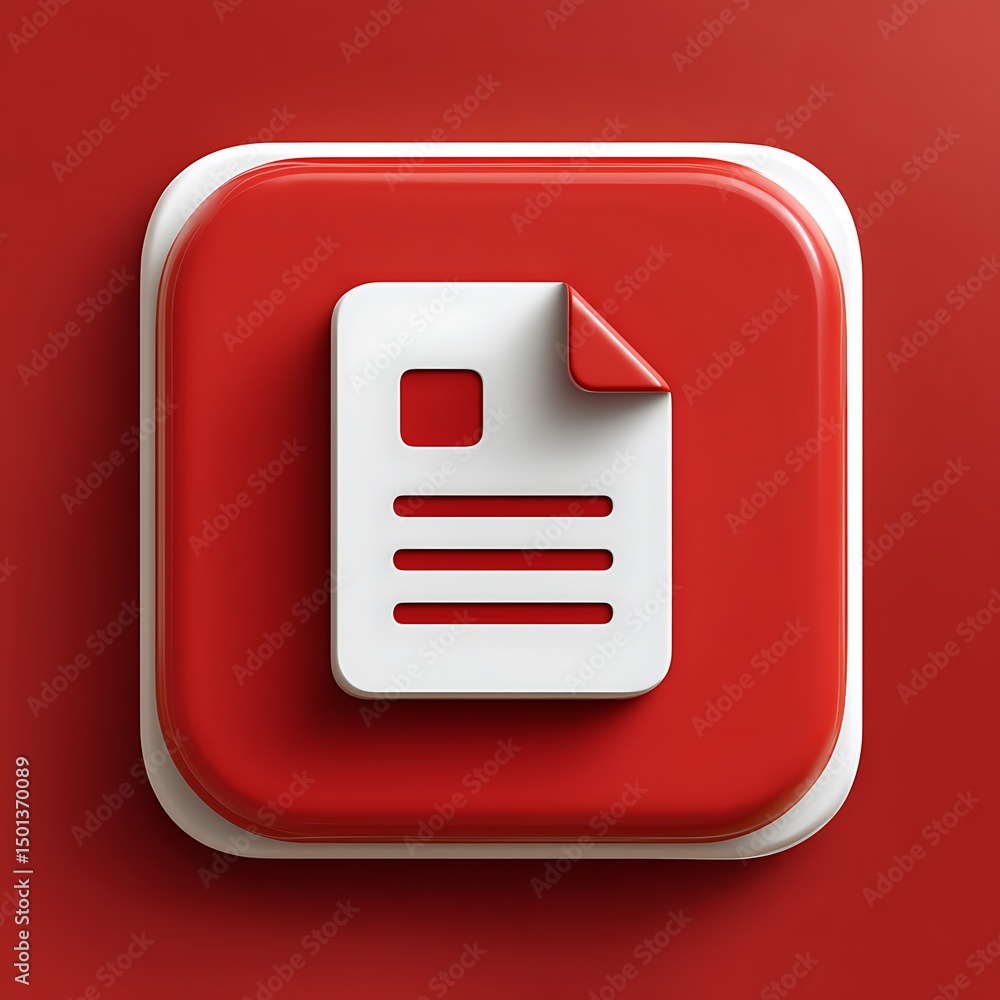 Poster red and white document icon: graphic representation of information and organization with a folded co