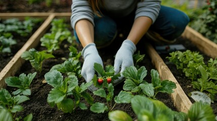 Fototapeta premium A gardener kneeling in a lush garden, carefully planting strawberry seedlings into raised garden beds with vibrant green foliage around.