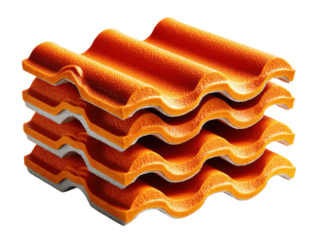 Roof Tiles: Stacked roof tiles showcasing a vibrant design and modern architecture, with a focus on their structural elements and aesthetic details.