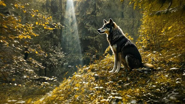 Majestic Wolfdog Sitting Alert in Golden Autumn Forest, Sunlight Streaming Through Trees, Calm and Contemplative, Nature and Wildlife Photography