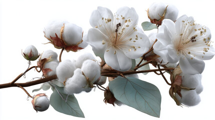Realistic cotton branch with flowers, beautiful stem with white blossoms isolated transparent background, natural fluffy fiber ripe bolls with soft texturedesign element 3d vector illustration