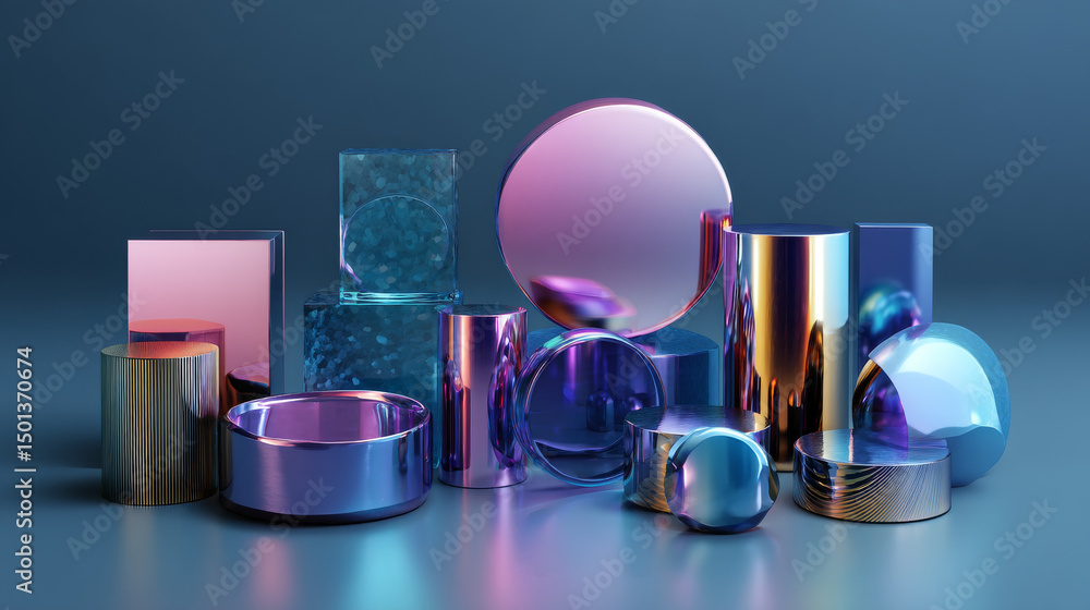 Poster 3d set of holographic round and cylinder shape objects isolated on transparent background. vector re